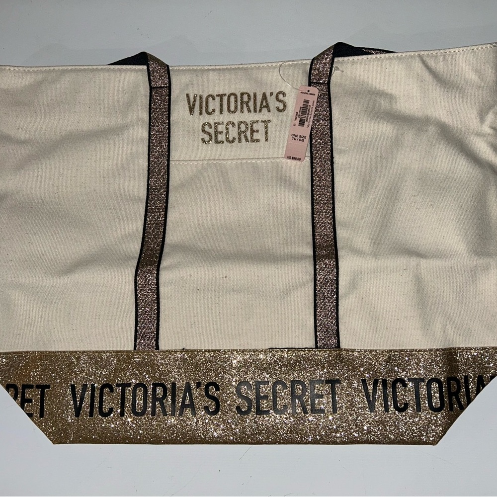 Victoria's Secret Cream and Gold Glitter Tote